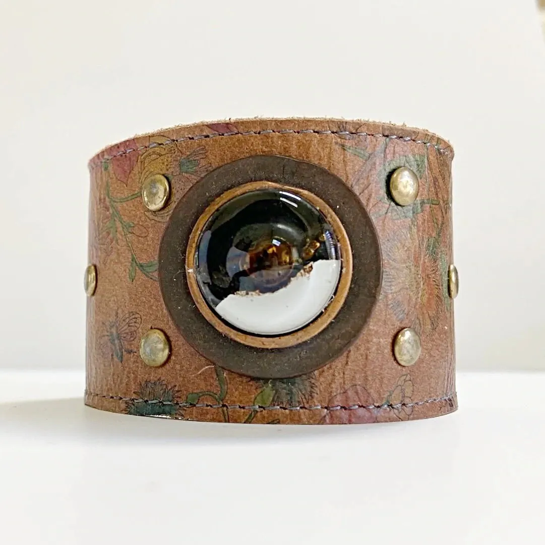 Handmade Leather Cuff with Recycled Fused Glass - Medium