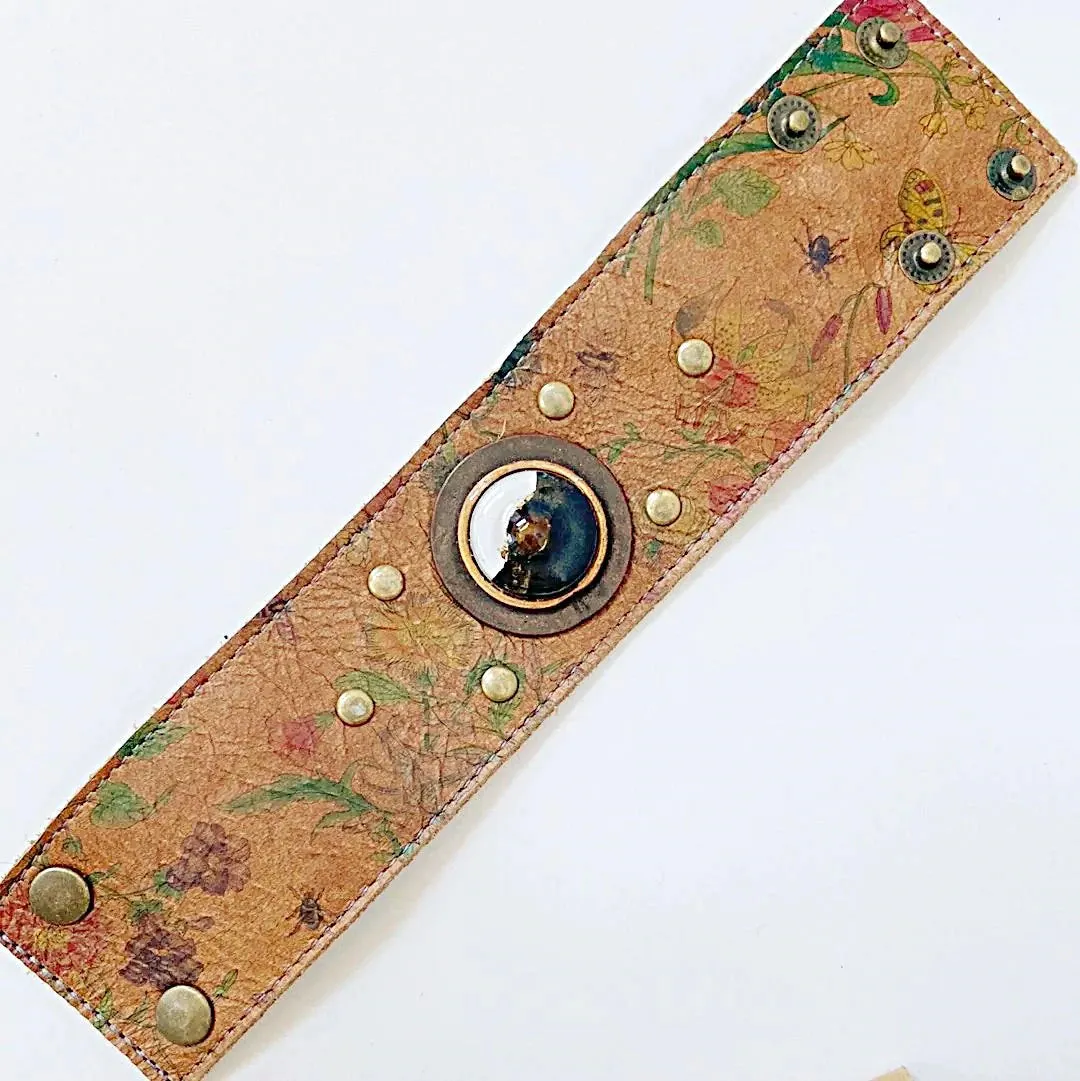 Handmade Leather Cuff with Recycled Fused Glass - Medium