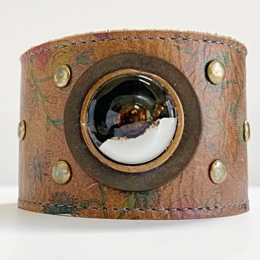 Handmade Leather Cuff with Recycled Fused Glass - Medium