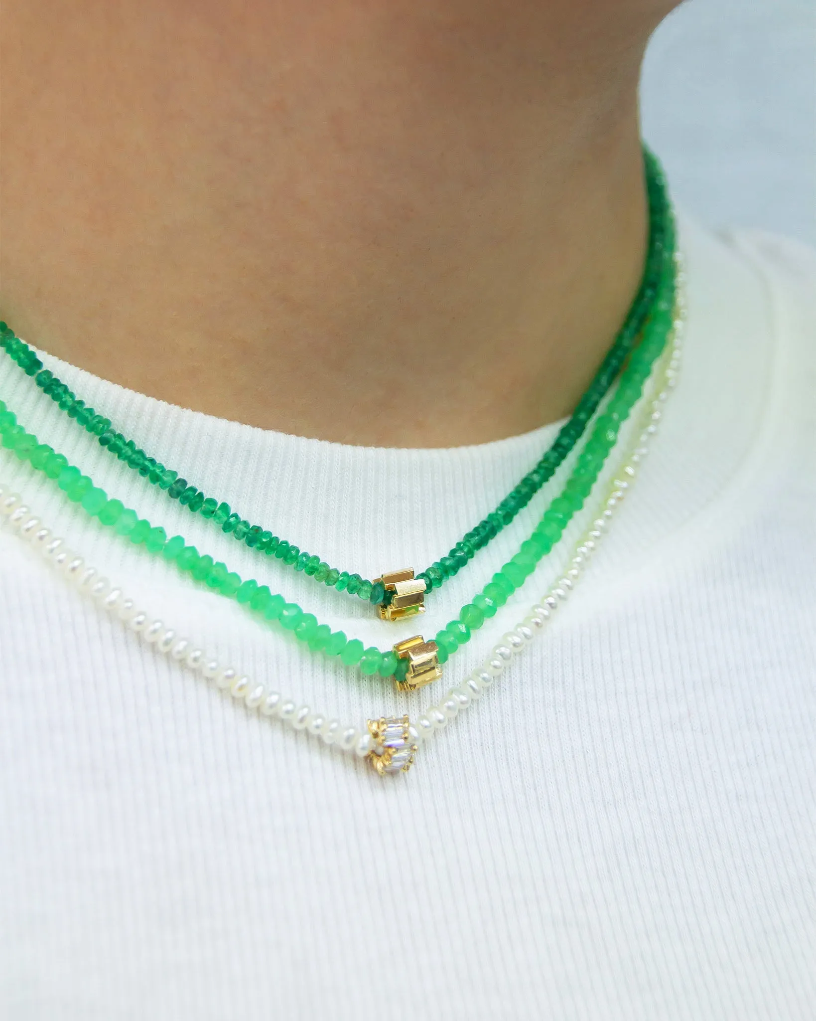 Infinite Beaded Emerald & Mini Golden Rondelle Necklace