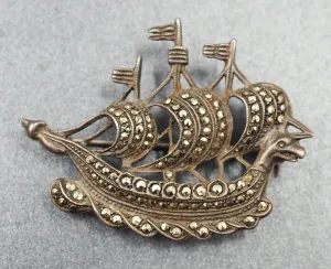 Marcasite Sailing Ship/Boat Sterling Silver Brooch