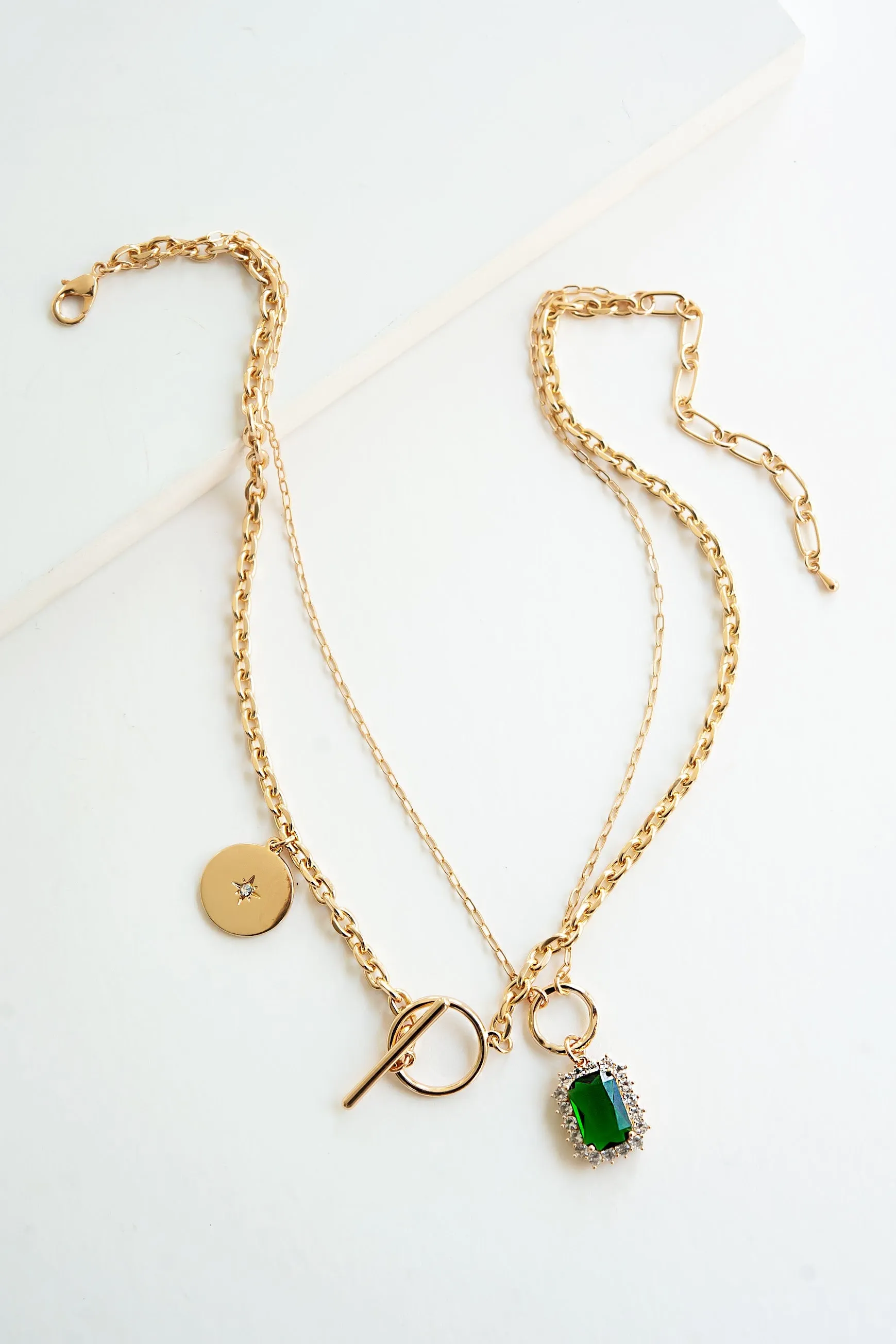 Mia Emerald Layering Necklace | Gold and Emerald Green Charm Necklace | Gold Layering Chains