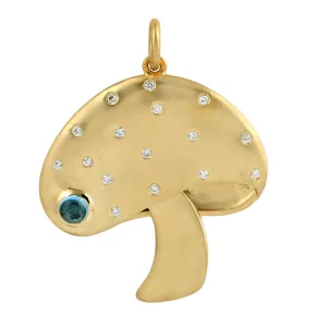 Natural Blue Topaz Diamond Mushroom Charm Pendant In Yellow Gold