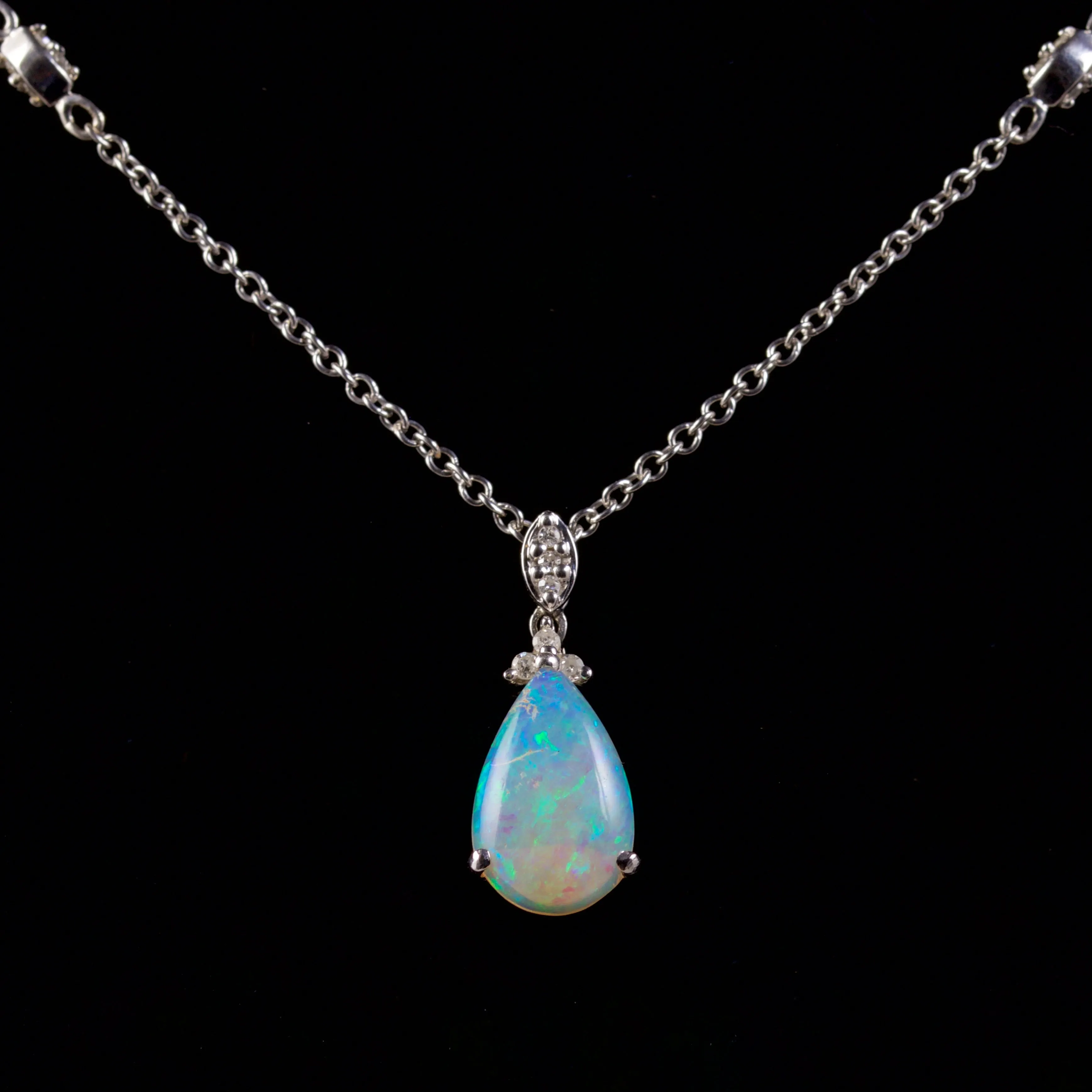 Opal Diamond Pendant Diamond Necklace 14Ct White Gold