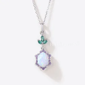 Oval White Opal Wedding Necklace Cluster Amethyst Halo Pendant