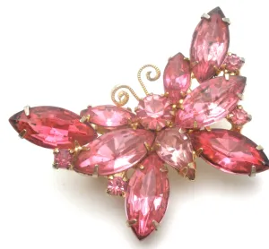 Pink Rhinestone Butterfly Brooch Pin Vintage