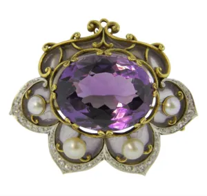 Plique-à-Jour Marcus & Co Art Nouveau Amethyst and Pearl Brooch