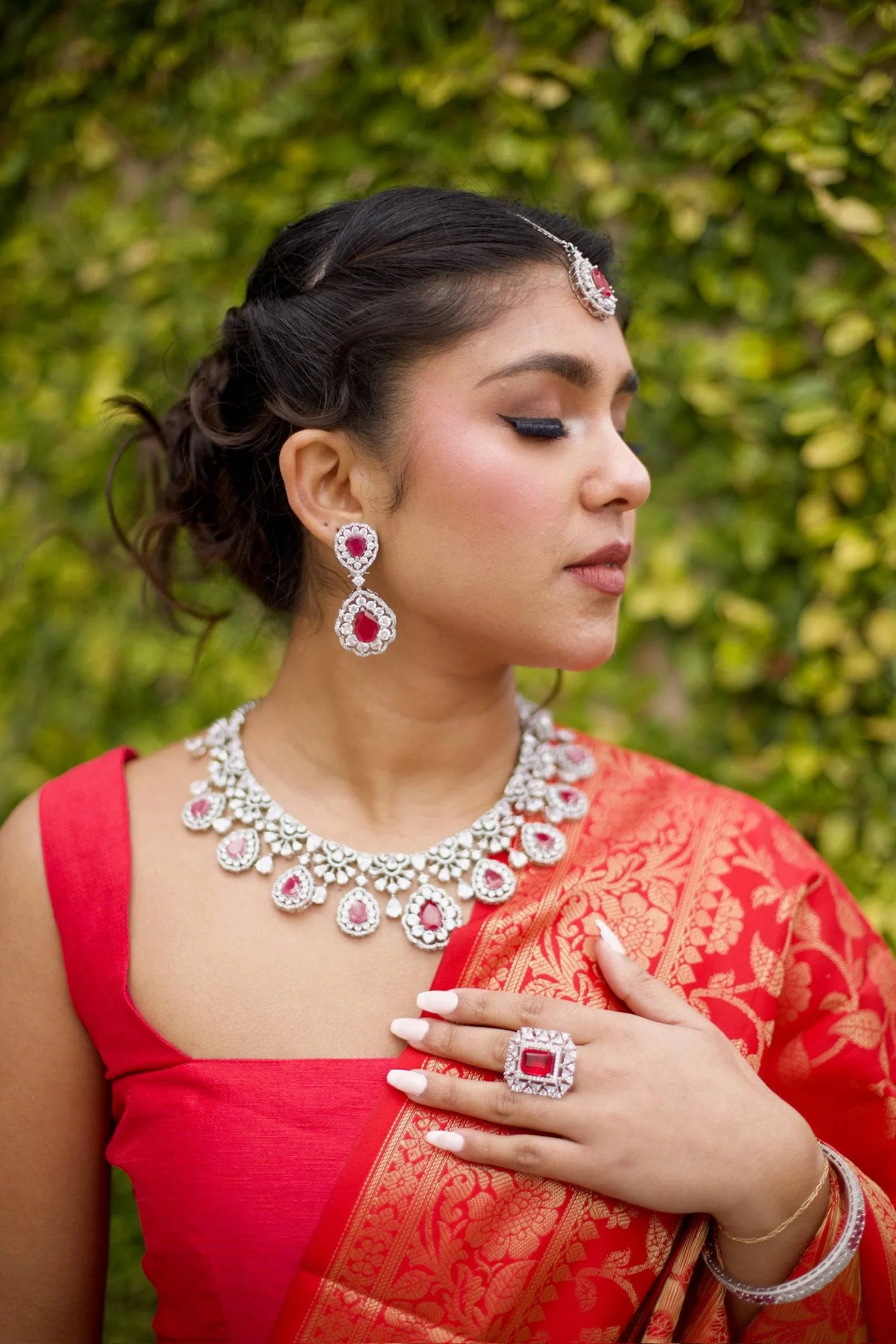 Purvi - Diamante Accent Necklace Set with Dangler Earrings & Matching Maang Tikka