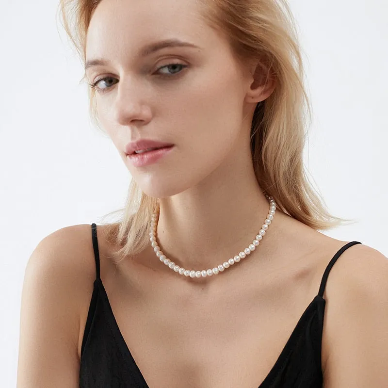 Shelley - Dark Academia Natural Pearl Choker Necklace 925 Sterling Silver Jewelry