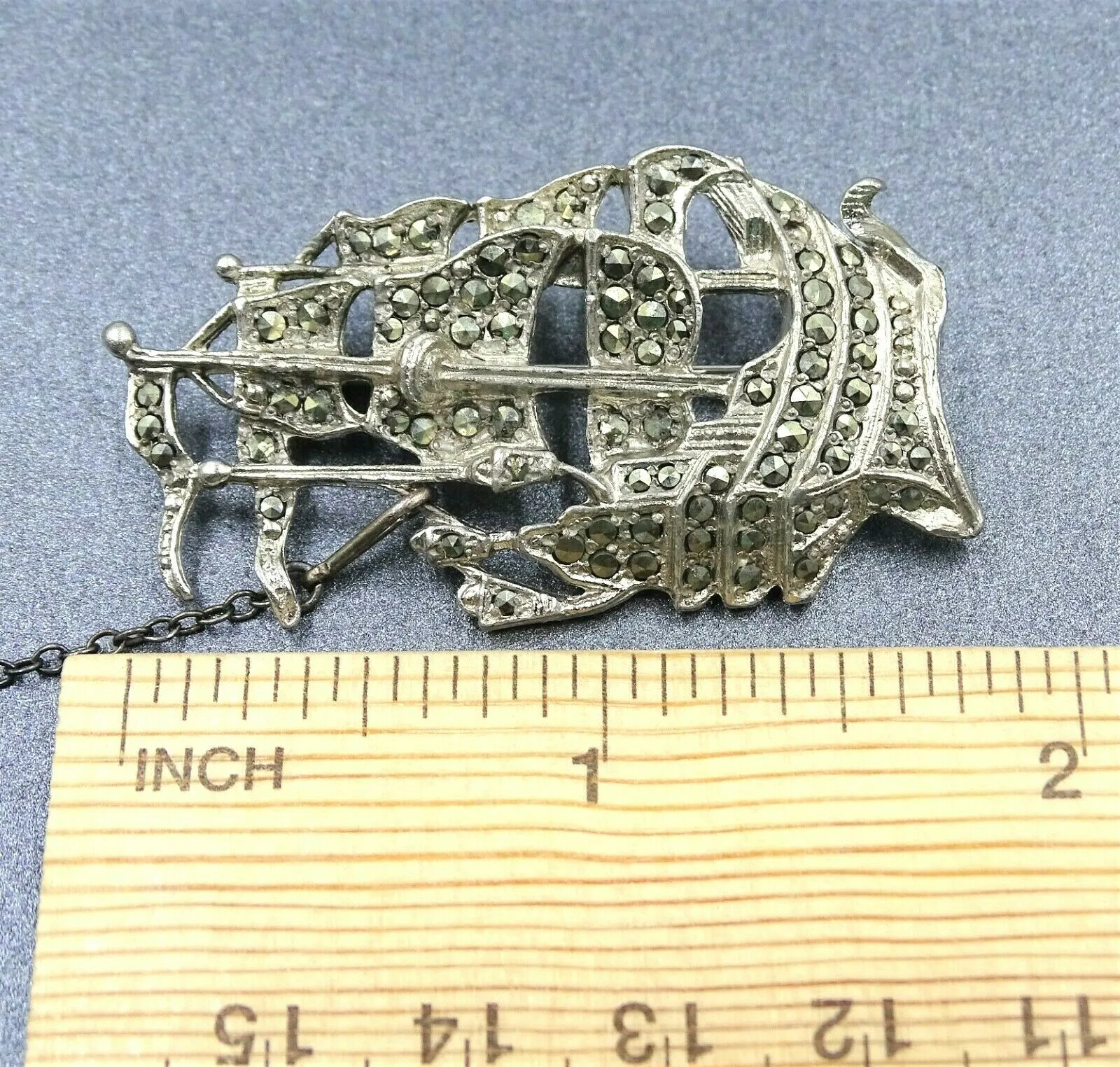 Silver Tone & Marcasite Sailing Ship & Safety Chain Brooch/PIn