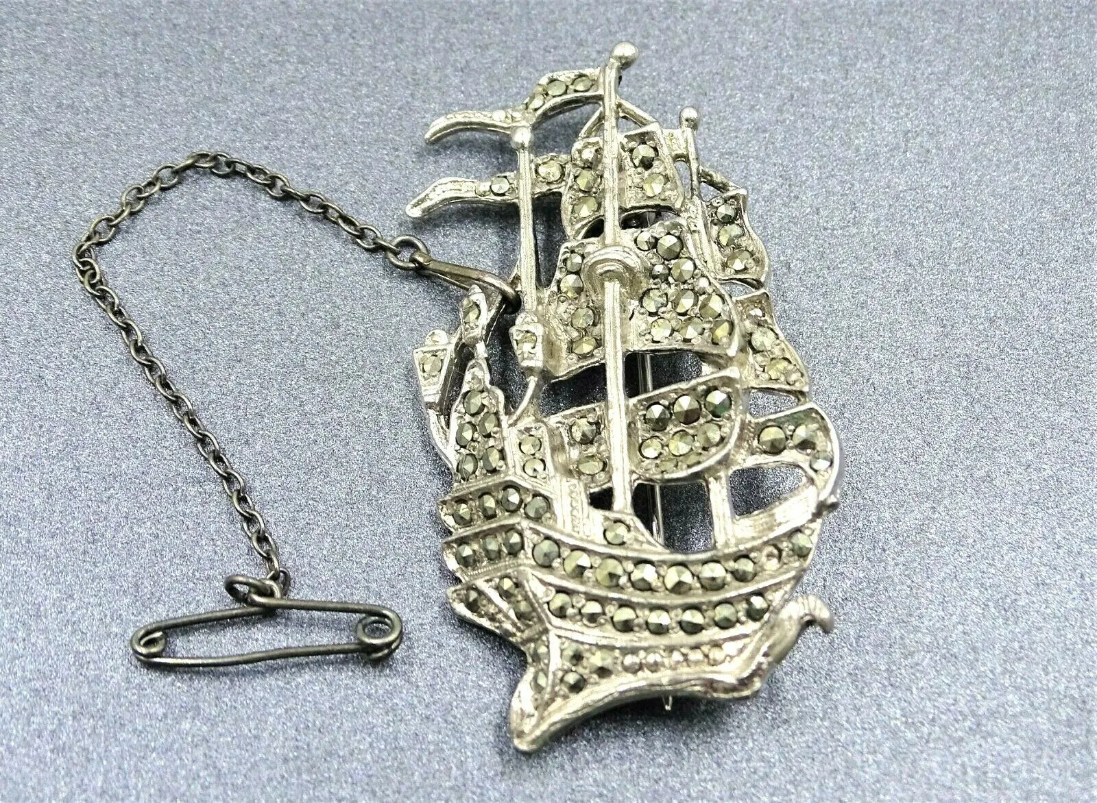 Silver Tone & Marcasite Sailing Ship & Safety Chain Brooch/PIn