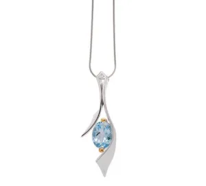 Sterling Silver Blue Topaz Oval  Pendant Set with Yellow Gold Prongs