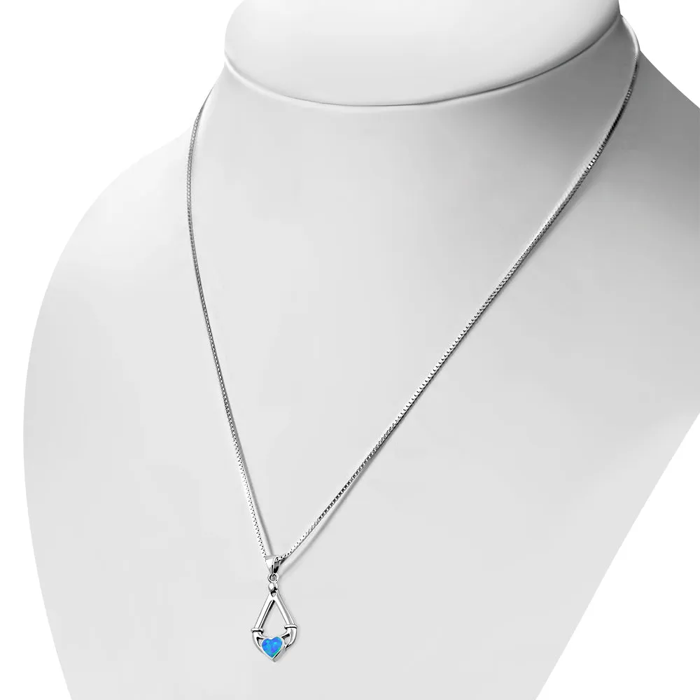 Synthetic Azure Blue Opal Irish Claddagh Silver Pendant