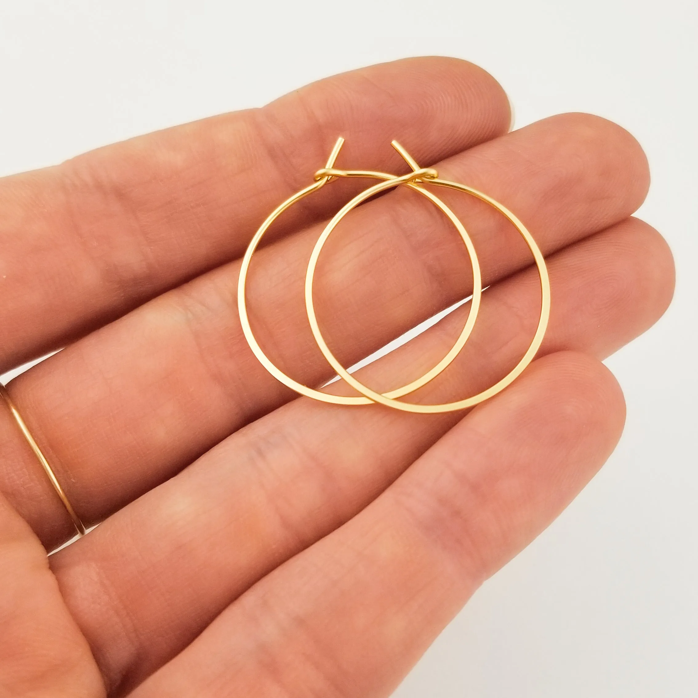 Thin Flat Hammered Solid Gold Hoop Earrings