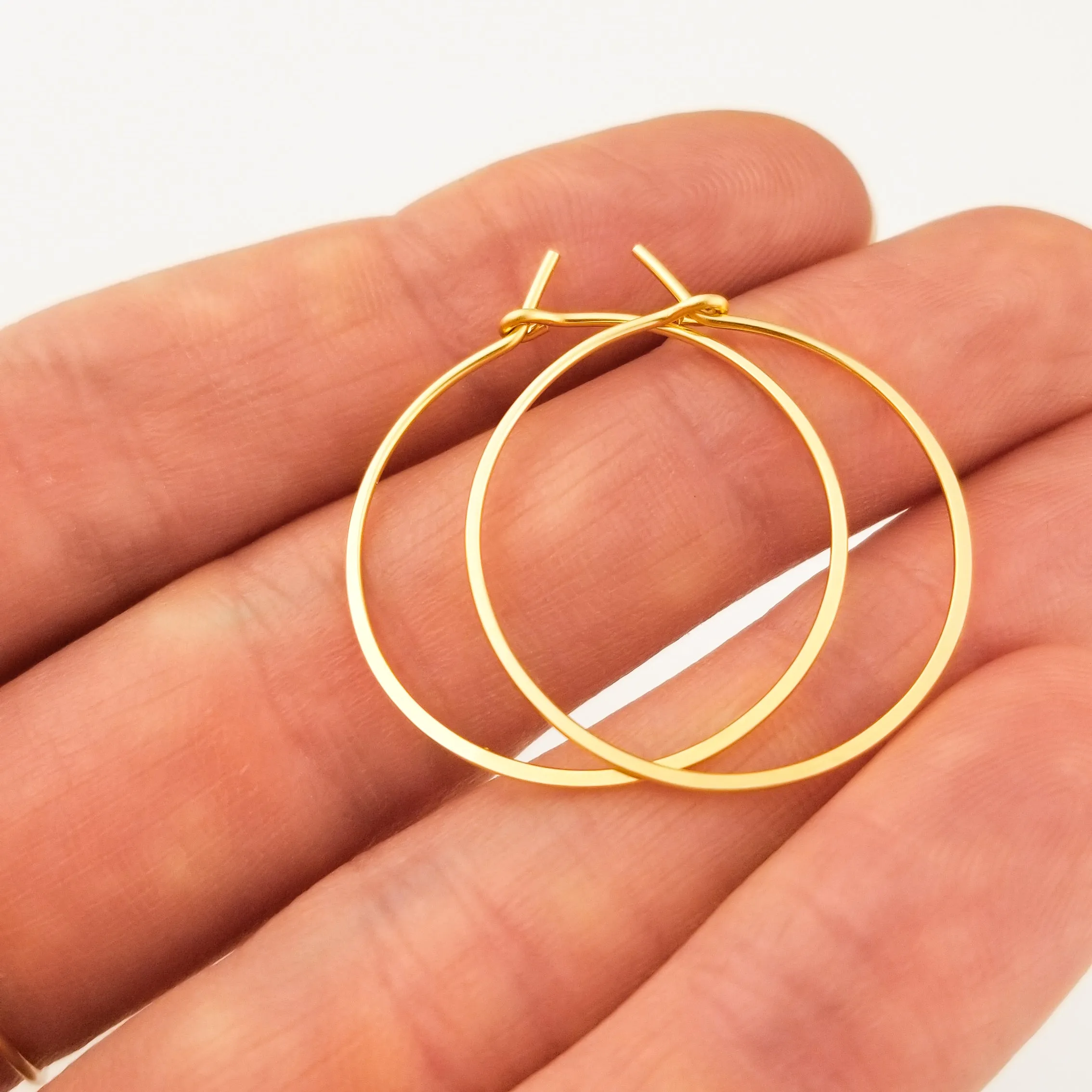 Thin Flat Hammered Solid Gold Hoop Earrings