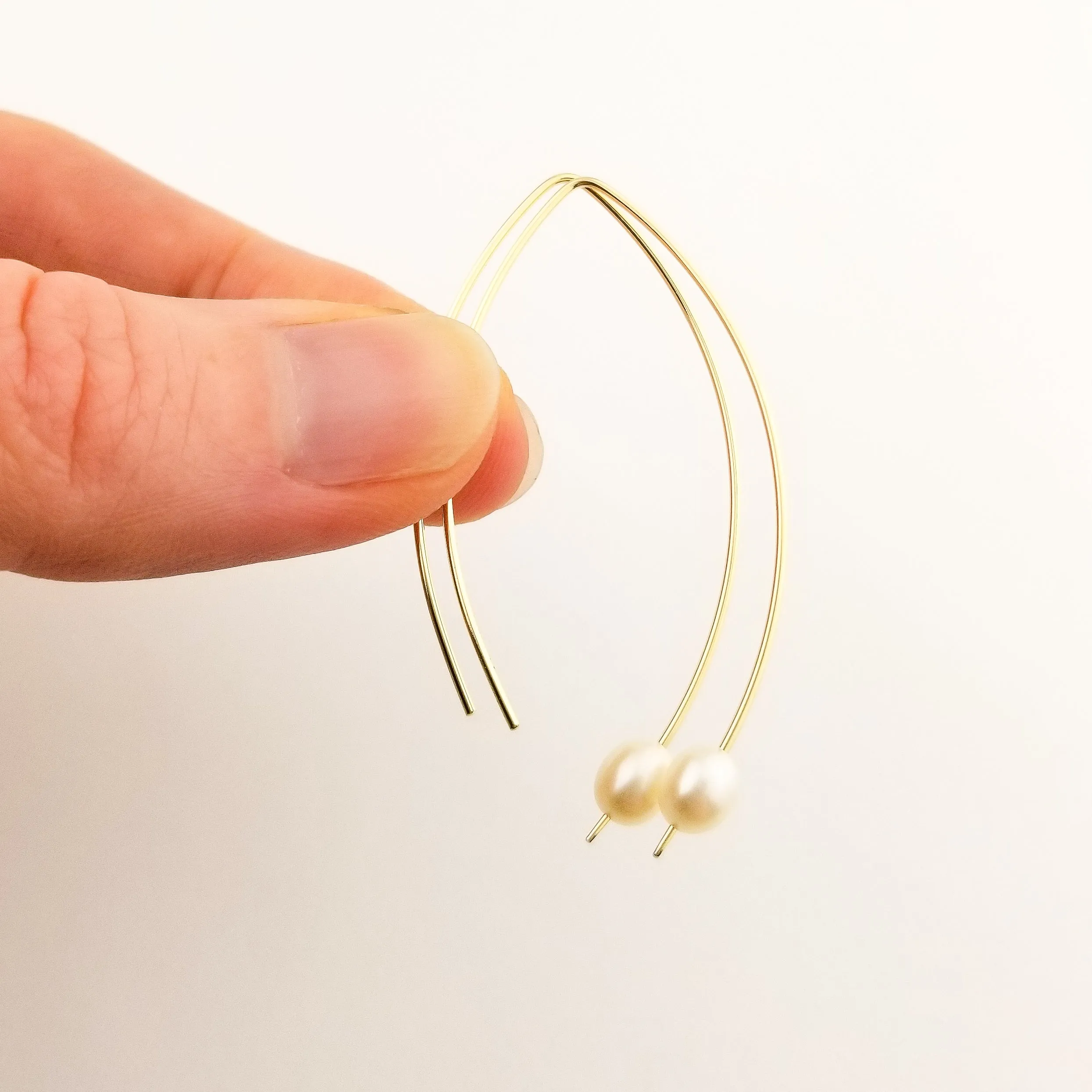 Thin Solid Gold Open Hoop Freshwater Pearl Threader Earrings