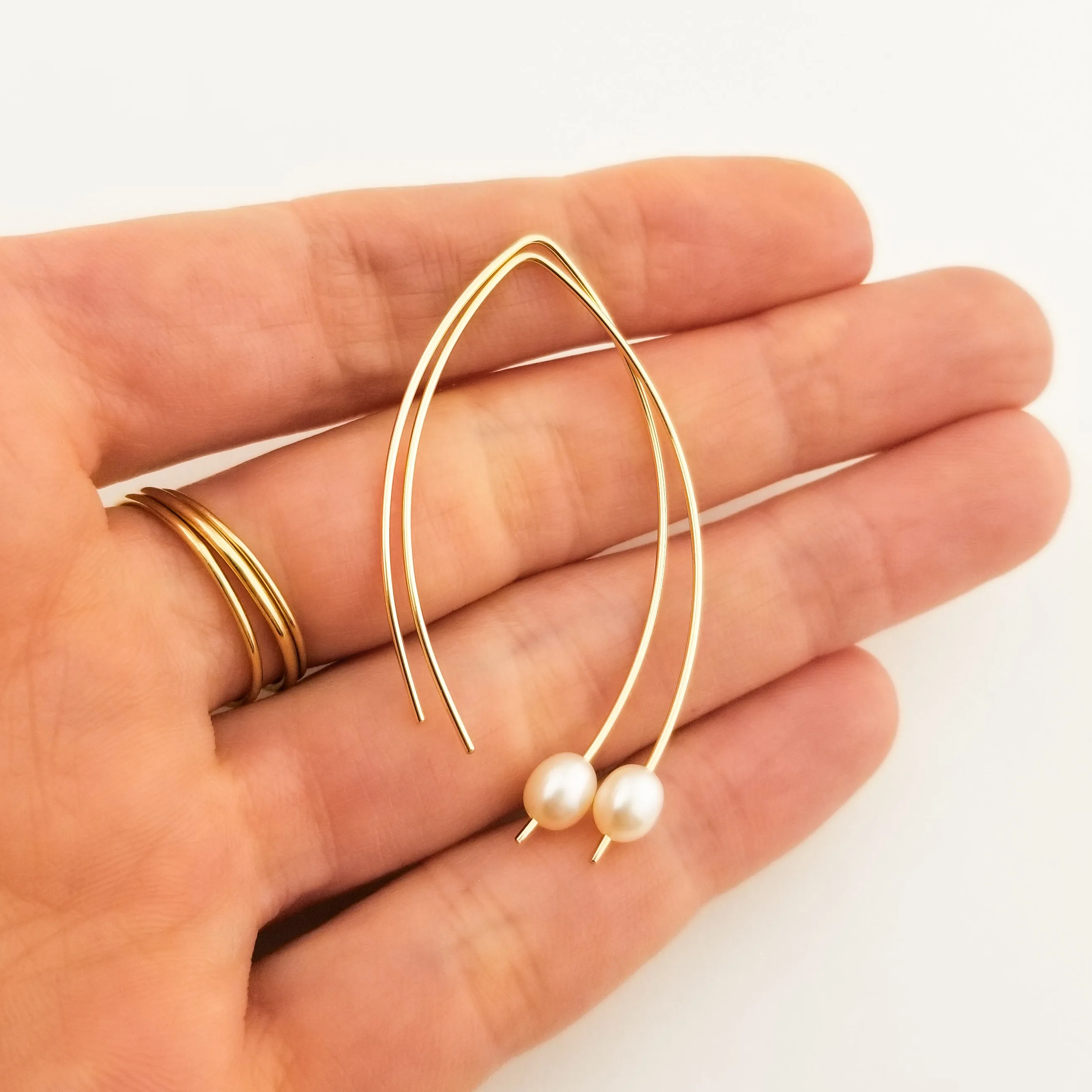 Thin Solid Gold Open Hoop Freshwater Pearl Threader Earrings