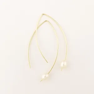 Thin Solid Gold Open Hoop Freshwater Pearl Threader Earrings