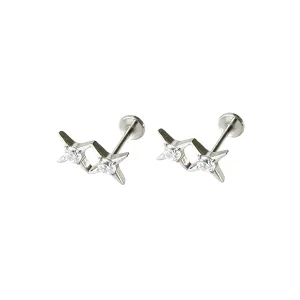 Titanium double star gem flat back stud