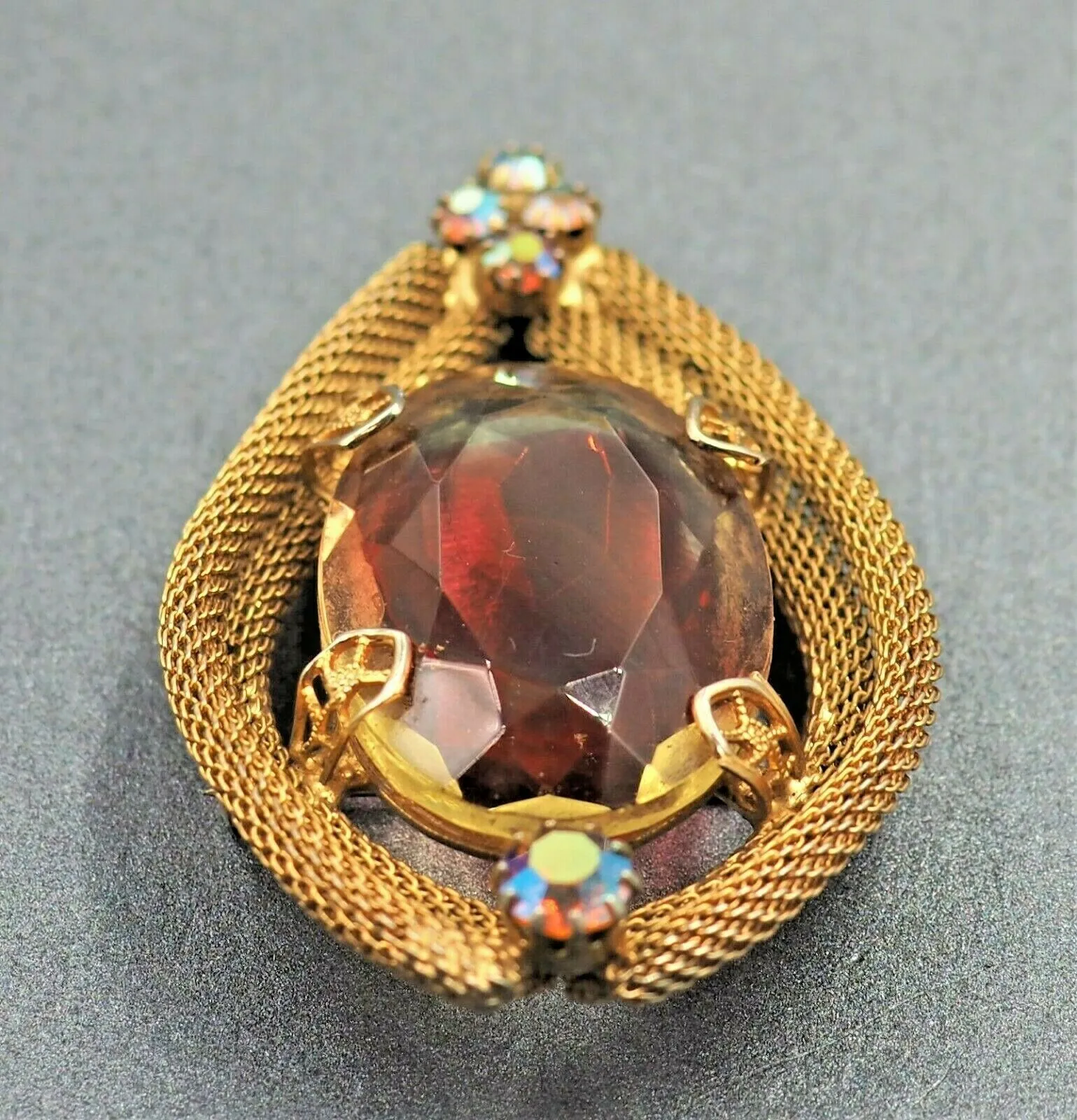 Vintage Lava Red Rhinestone & Aurora Borealis with Gold Tone Mesh Brooch