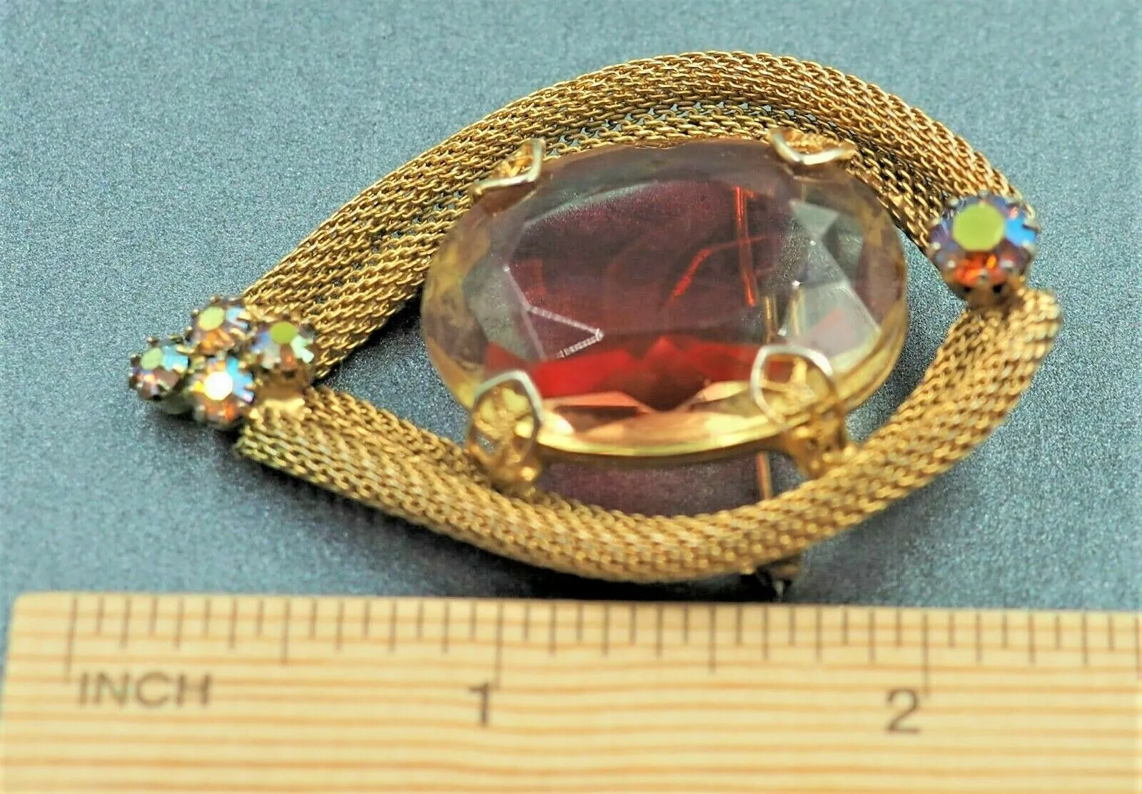 Vintage Lava Red Rhinestone & Aurora Borealis with Gold Tone Mesh Brooch