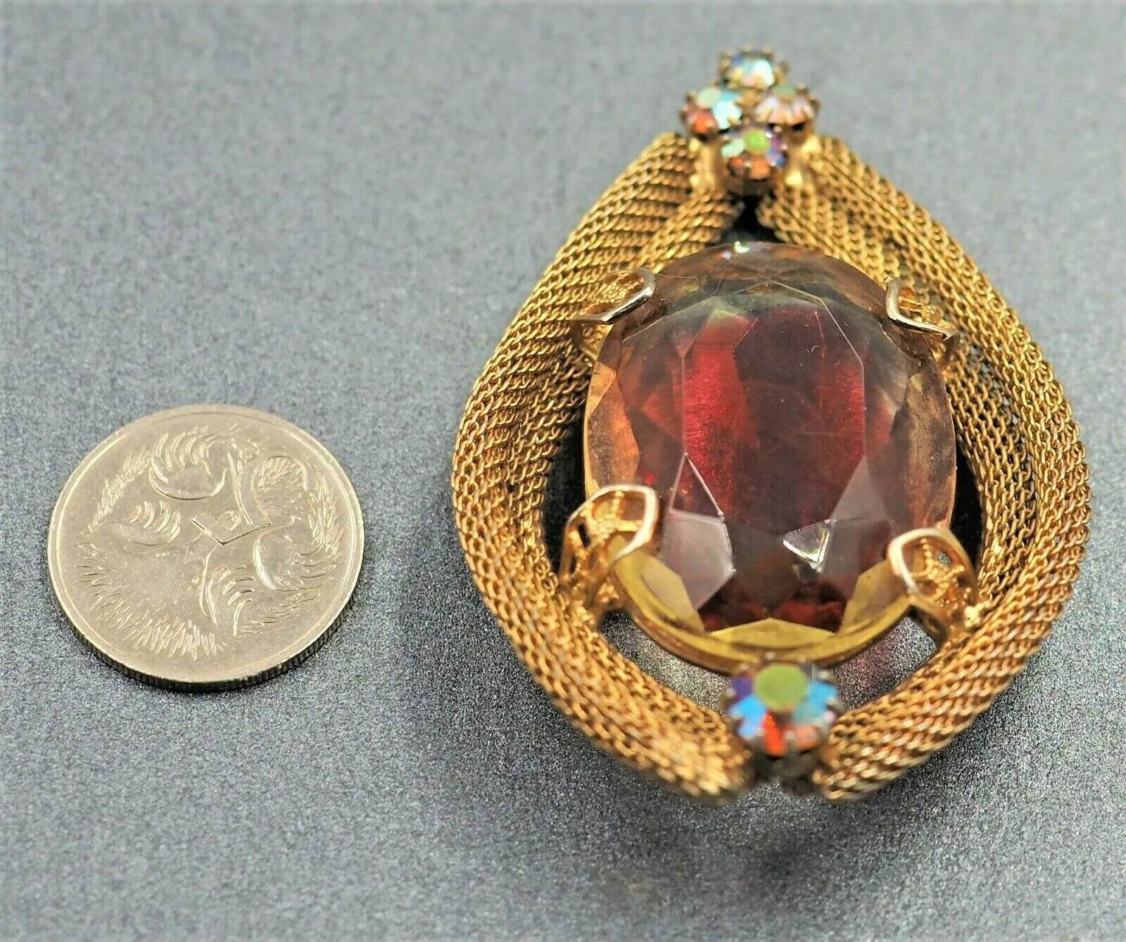 Vintage Lava Red Rhinestone & Aurora Borealis with Gold Tone Mesh Brooch