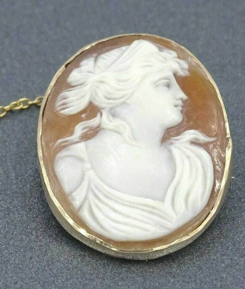 Vintage Shell Cameo & 9ct Yellow Gold Brooch with Mount Set Safety Chain