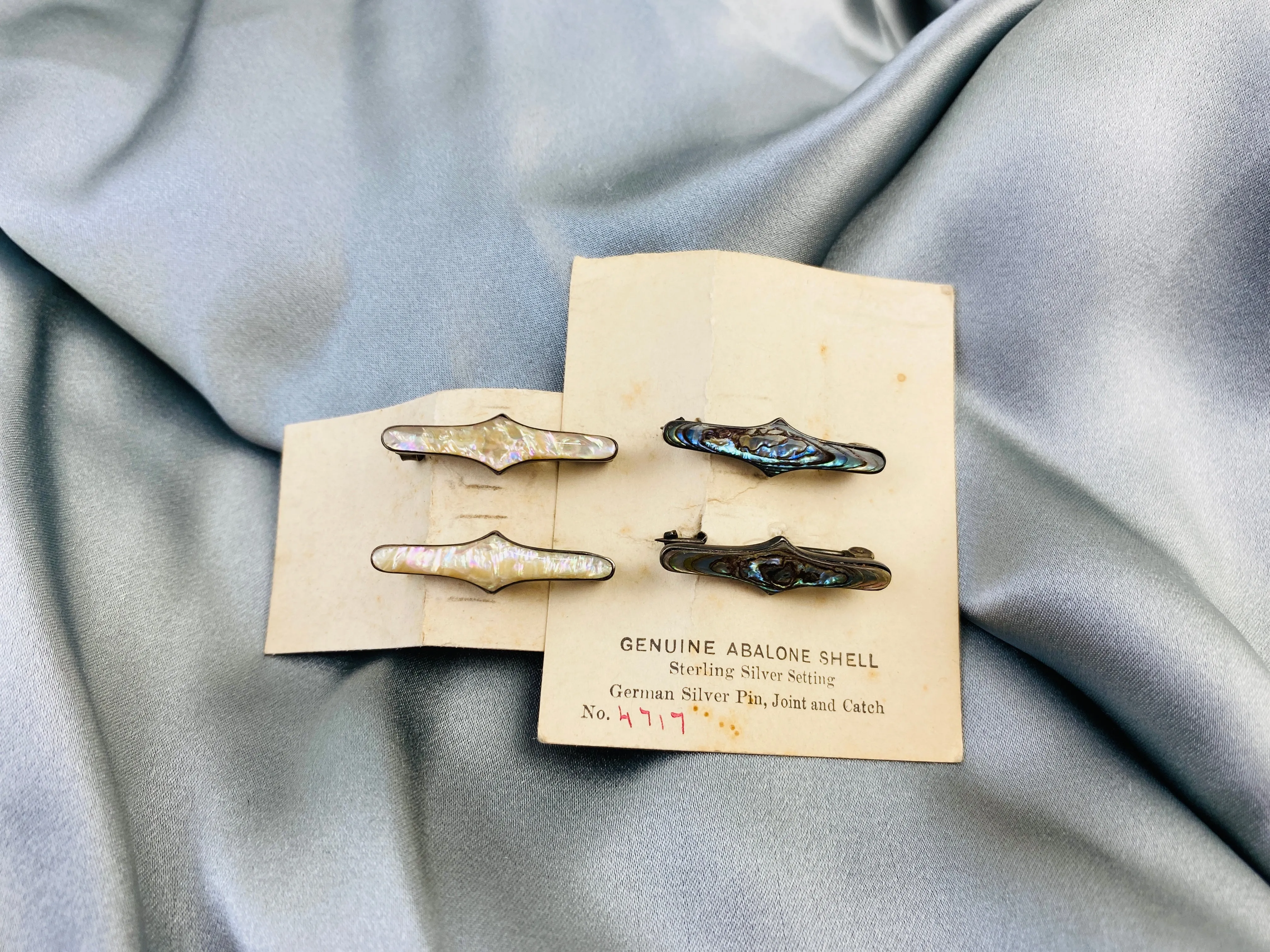 Vintage Silver Art Nouveau Cartouche Abalone Shell Lingerie Pins, NOS