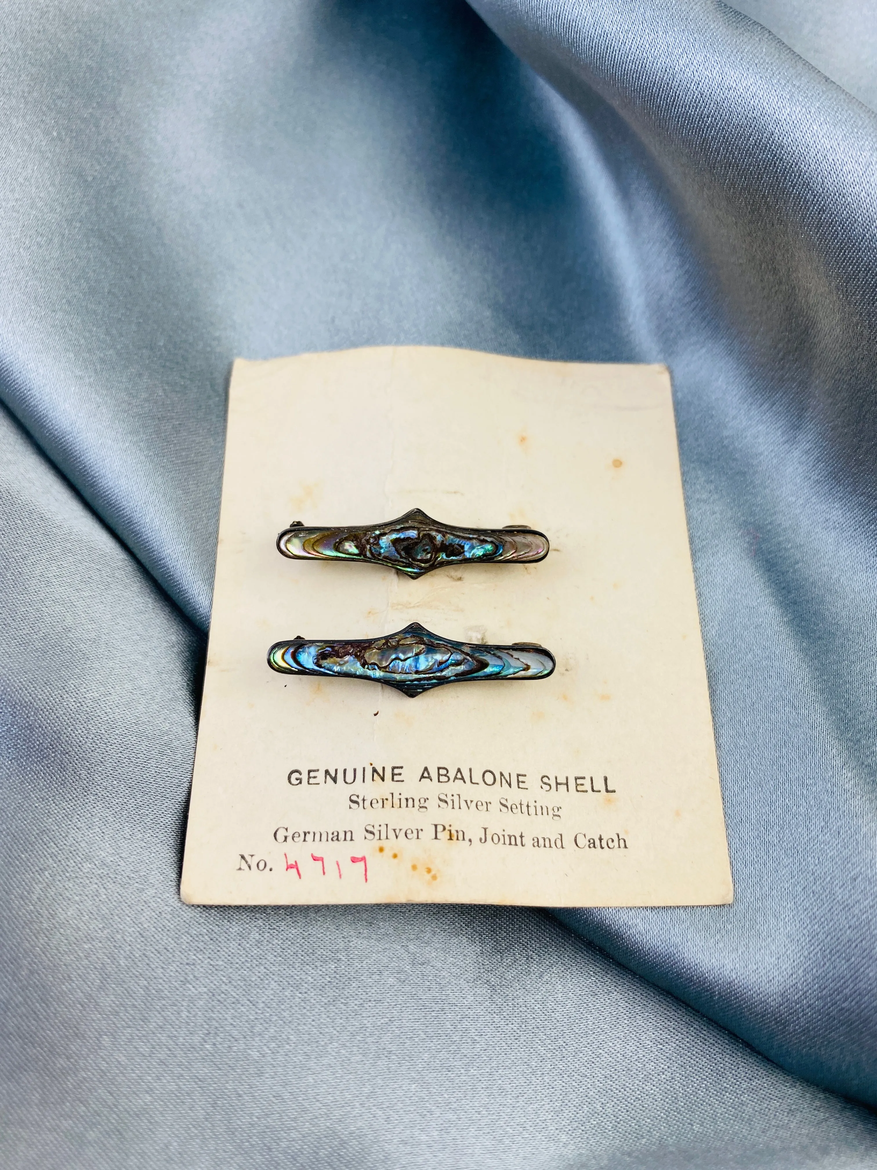 Vintage Silver Art Nouveau Cartouche Abalone Shell Lingerie Pins, NOS