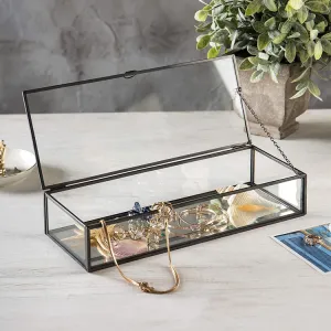 Vintage Style Black Metal, Clear Glass & Mirrored Shadow Box w/ Lid