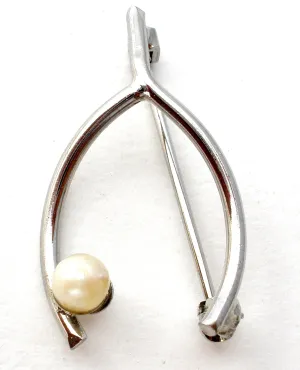 WishBone Pearl Brooch Pin Sterling Silver